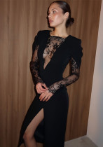 Women's Fashion Mesh Cut-Out Lace Patchwork Slim Fit Slit Dress