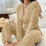 Women's Fall/Winter Coral Fleece V-Neck Hooded Long Sleeve Loose Casual Jumpsuit Pajamas