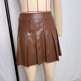 Women's High-Waist Brown PU Leather Pleated Skirt