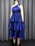 Women's One-Shoulder Cut-Out Solid Color Ruffle Slim Waist Tiered A-Line Tie-Waist Party Gown