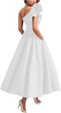 Women's Solid Color Ruffled Slash Shoulder Chic Long Puff Ball Gown
