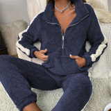 Women's Fall/Winter Coral Fleece Stand Collar Zip Casual Long Sleeve Pajama Set