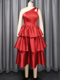 Women's One-Shoulder Cut-Out Solid Color Ruffle Slim Waist Tiered A-Line Tie-Waist Party Gown