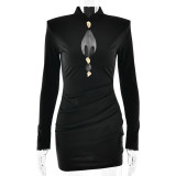 Women's Fashion Solid Color Cut-Out High-Waist Long Sleeve Bodycon Mini Dress