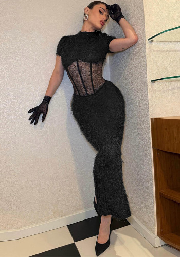 Women's Fall/Winter Sexy Round Neck Slim Fit See-Through Slit Short Sleeve Chic Dress