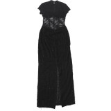 Women's Fall/Winter Sexy Round Neck Slim Fit See-Through Slit Short Sleeve Chic Dress