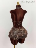 Women's Fashion Leopard Print Sexy Halter Neck Low Back Lace-Up Tiered Mini Dress