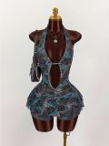 Women's Fashion Leopard Print Sexy Halter Neck Low Back Lace-Up Tiered Mini Dress