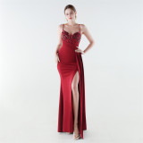 Women's Formal Luxury Beaded Solid Color Slim Waist Strappy High-Slit Gown