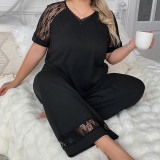 Plus Size Women's Summer V-Neck Patchwork Lace Short Sleeve Pajama Set