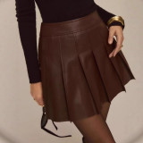 Women's High-Waist Brown PU Leather Pleated Skirt