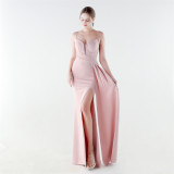 Women's Formal Luxury Solid Color Slim Waist Slit Evening Gown