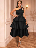 Women's One-Shoulder Cut-Out Solid Color Ruffle Slim Waist Tiered A-Line Tie-Waist Party Gown