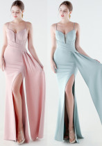 Women's Formal Luxury Solid Color Slim Waist Slit Evening Gown