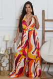 Women's Printed Casual Sleeveless Low Back Sexy Lace-Up Deep V Wide-Leg Jumpsuit