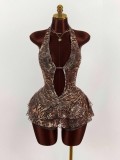 Women's Fashion Leopard Print Sexy Halter Neck Low Back Lace-Up Tiered Mini Dress