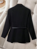 Women's Chic Slim-Fit Contrast Color Patchwork Belted Blazer