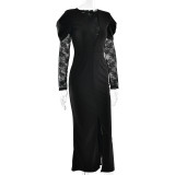 Women's Fashion Mesh Cut-Out Lace Patchwork Slim Fit Slit Dress