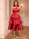 Women's One-Shoulder Cut-Out Solid Color Ruffle Slim Waist Tiered A-Line Tie-Waist Party Gown