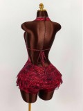 Women's Fashion Leopard Print Sexy Halter Neck Low Back Lace-Up Tiered Mini Dress