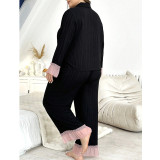 Women's Plus Size Fall/Spring Turndown Collar Lace Trim Knit Pajama Set