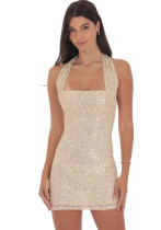 Women's Gold Low Back Halter Neck Sexy Slim Sequin Trendy Dress