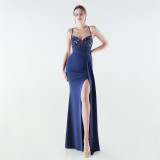 Women's Formal Luxury Beaded Solid Color Slim Waist Strappy High-Slit Gown