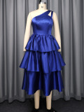 Women's One-Shoulder Cut-Out Solid Color Ruffle Slim Waist Tiered A-Line Tie-Waist Party Gown