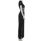 Women's Fall/Winter Sexy Round Neck Slim Fit See-Through Slit Short Sleeve Chic Dress