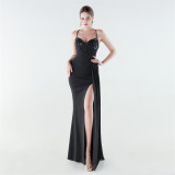 Women's Formal Luxury Beaded Solid Color Slim Waist Strappy High-Slit Gown