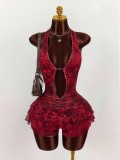 Women's Fashion Leopard Print Sexy Halter Neck Low Back Lace-Up Tiered Mini Dress