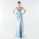 Women's Formal Luxury Beaded Solid Color Slim Waist Strappy High-Slit Gown