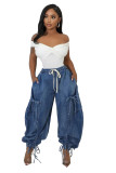 Women's Casual Elastic Drawstring Tie-Hem Bow Wide Leg Straight Denim Pants
