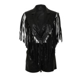 Women's Sexy PU Leather Sleeveless Fringe Vest & Shorts Two-Piece Set