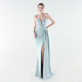 Women's Formal Luxury Solid Color Slim Waist Slit Evening Gown