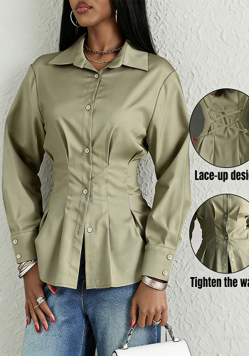 Women's Green Back Tie-Detail Slim Waist Long Sleeve Blouse