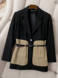 Women's Chic Slim-Fit Contrast Color Patchwork Belted Blazer
