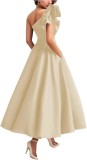 Women's Solid Color Ruffled Slash Shoulder Chic Long Puff Ball Gown