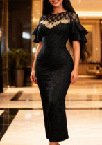 Women's Contrast Color Cut-Out Lace Jacquard Ruffle Sleeve Slim Waist Bodycon Party Dress