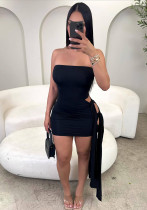 Women's Fashion Solid Color Chic Strapless Sexy Lace-Up Bodycon Mini Dress