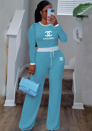 Women's Casual Street Ribbed Contrast Round Neck Long Sleeve Pants Set