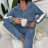 Women's Fall/Winter Coral Fleece Stand Collar Zip Casual Long Sleeve Pajama Set
