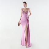 Women's Formal Luxury Beaded Solid Color Slim Waist Strappy High-Slit Gown