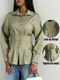 Women's Green Back Tie-Detail Slim Waist Long Sleeve Blouse