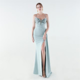 Women Beaded Floral Embroidered Pleated V-Neck Fishtail Slit Evening Dress