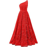 Women Sequined Bridesmaid Sleeveless One-Shoulder Prom Dress（Processing time need 3-6 days）