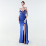 Women Beaded Floral Embroidered Pleated V-Neck Fishtail Slit Evening Dress