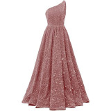 Women Sequined Bridesmaid Sleeveless One-Shoulder Prom Dress（Processing time need 3-6 days）