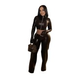 Women Pu-Leather Casual Stretchy Top with Gloves and Pant Two-Piece Set