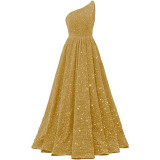 Women Sequined Bridesmaid Sleeveless One-Shoulder Prom Dress（Processing time need 3-6 days）